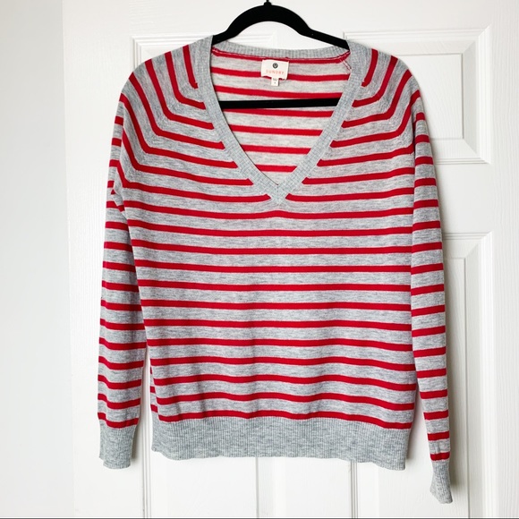 Sundry gray and red striped cashmere v-neck 1 - Picture 1 of 5